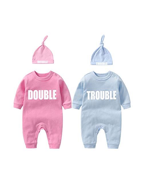 YSCULBUTOL Baby Twins Bodysuits Funny Double Trouble Cute Romper Twin Jumpsuits Hat Set