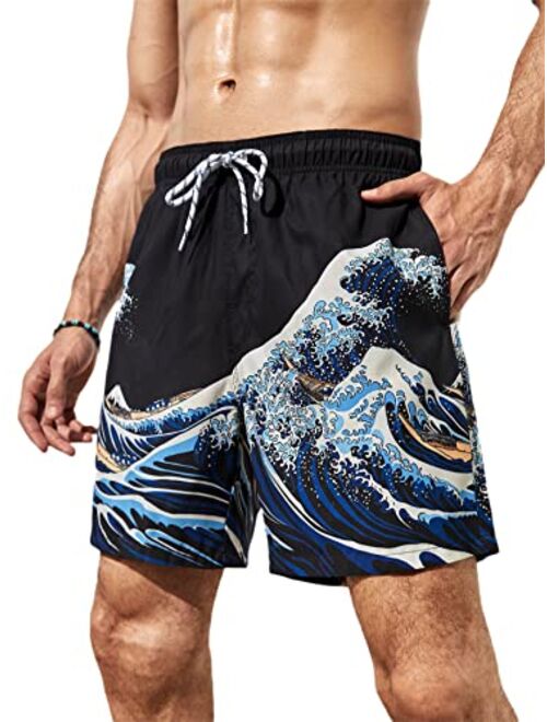 Milumia Men's Wave Print Swim Trunks Drawstring Waist Beach Shorts with Pocket Swimwear