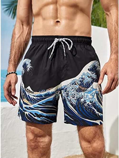 Milumia Men's Wave Print Swim Trunks Drawstring Waist Beach Shorts with Pocket Swimwear