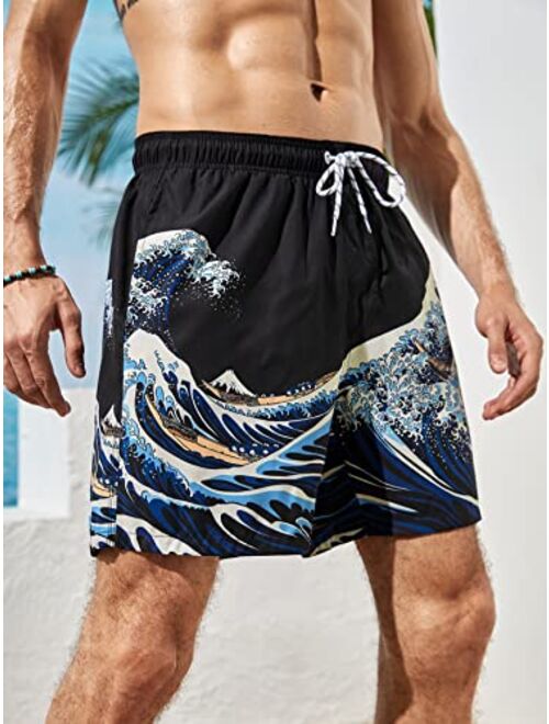 Milumia Men's Wave Print Swim Trunks Drawstring Waist Beach Shorts with Pocket Swimwear