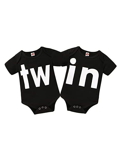 Mamami 2Pcs Newborn Twins Baby Boys Girls Short Sleeve Letter Print Romper Bodysuit Summer Outfit Clothes 0-12M