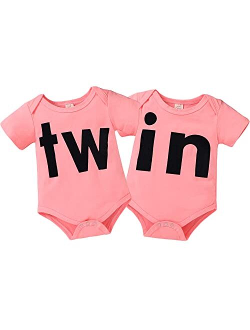 Mamami 2Pcs Newborn Twins Baby Boys Girls Short Sleeve Letter Print Romper Bodysuit Summer Outfit Clothes 0-12M