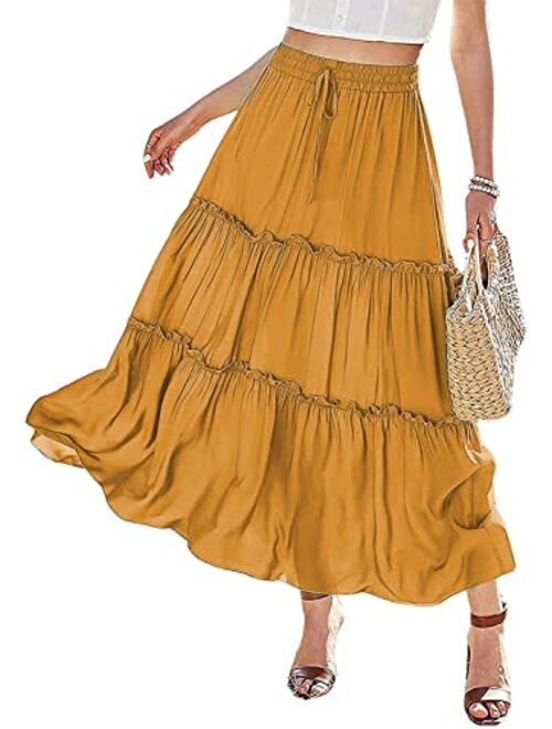 Avanova Women's Elastic High Waist A Line Layer Ruffle Swing Beach Casual Maxi Skirt