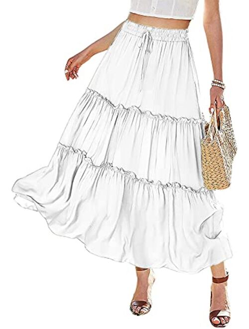 Avanova Women's Elastic High Waist A Line Layer Ruffle Swing Beach Casual Maxi Skirt