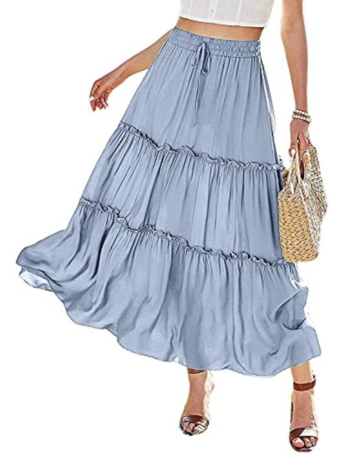 Avanova Women's Elastic High Waist A Line Layer Ruffle Swing Beach Casual Maxi Skirt