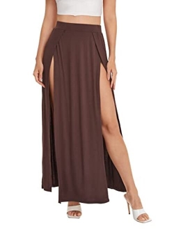 Women's Elastic Waist High Split Wrap Flowy Long Maxi Skirt