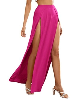 Women's Elastic Waist High Split Wrap Flowy Long Maxi Skirt