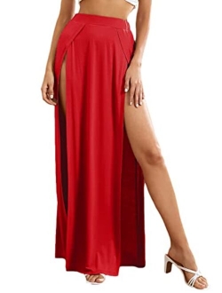 Women's Elastic Waist High Split Wrap Flowy Long Maxi Skirt