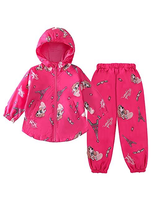 LZH Toddler Girls Raincoat Waterproof Rain Jacket Pants Suit with Hooded