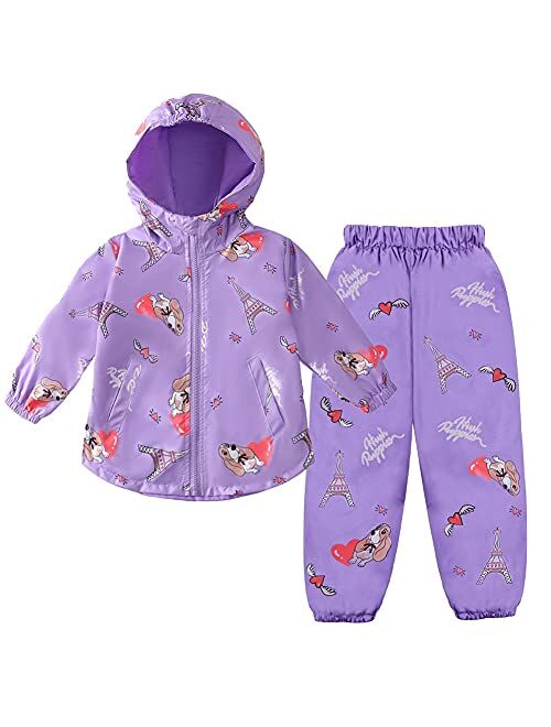 LZH Toddler Girls Raincoat Waterproof Rain Jacket Pants Suit with Hooded