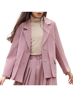 Girls Casual Blazers Jackets Long Sleeve Open Front Button Down Notched Lapel Collar Pockets Suit Coats Outerwear