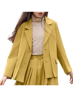 Girls Casual Blazers Jackets Long Sleeve Open Front Button Down Notched Lapel Collar Pockets Suit Coats Outerwear