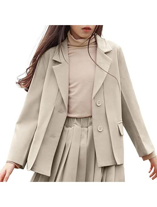 Fashare Girls Casual Blazers Jackets Long Sleeve Open Front Button Down Notched Lapel Collar Pockets Suit Coats Outerwear