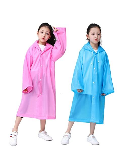 RUISHYY Kids Rain Poncho 2 Pack, Reusable Raincoat Rain Jackets for 6-14 Girls Boys