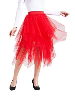 LBKKC Women's Tulle Skirt Formal High Low Asymmetrical Midi Tea-Length Elastic Waist Tutu Skirts