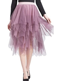 LBKKC Women's Tulle Skirt Formal High Low Asymmetrical Midi Tea-Length Elastic Waist Tutu Skirts