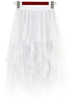 LBKKC Women's Tulle Skirt Formal High Low Asymmetrical Midi Tea-Length Elastic Waist Tutu Skirts