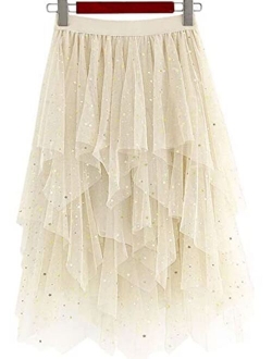 LBKKC Women's Tulle Skirt Formal High Low Asymmetrical Midi Tea-Length Elastic Waist Tutu Skirts