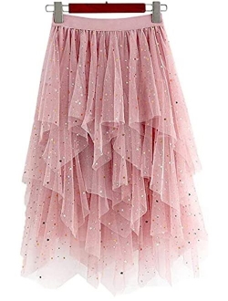 LBKKC Women's Tulle Skirt Formal High Low Asymmetrical Midi Tea-Length Elastic Waist Tutu Skirts