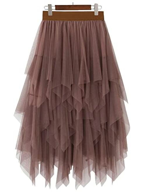 LBKKC Women's Tulle Skirt Formal High Low Asymmetrical Midi Tea-Length Elastic Waist Tutu Skirts