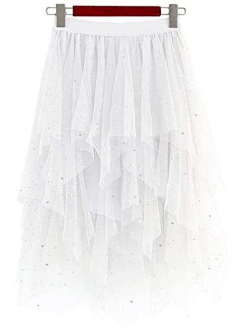 LBKKC Women's Tulle Skirt Formal High Low Asymmetrical Midi Tea-Length Elastic Waist Tutu Skirts