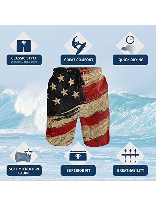 CHILLTEK CHILL·TEK Men's Swim Trunks American Flag Quick Dry Board Shorts for Men Newspaper Beach Bathing Suits with Pockets