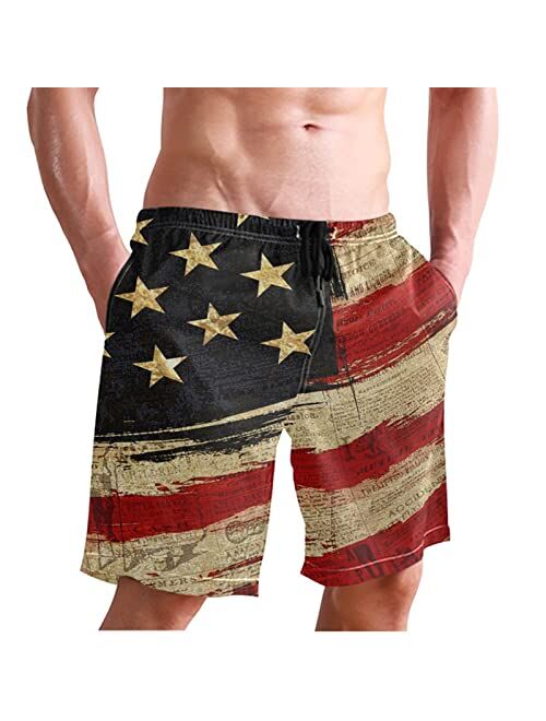 CHILLTEK CHILL·TEK Men's Swim Trunks American Flag Quick Dry Board Shorts for Men Newspaper Beach Bathing Suits with Pockets