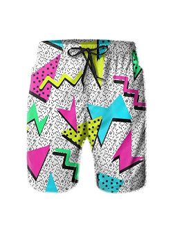 FSAVANE Colorful Memphis 90s Swim Trunks Quick Dry Board Shorts with Pockets for Men Beach Shorts Funny Swimwear Suits