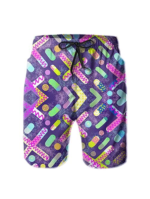 FSAVANE Colorful Memphis 90s Swim Trunks Quick Dry Board Shorts with Pockets for Men Beach Shorts Funny Swimwear Suits