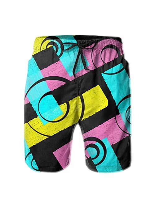 FSAVANE Colorful Memphis 90s Swim Trunks Quick Dry Board Shorts with Pockets for Men Beach Shorts Funny Swimwear Suits