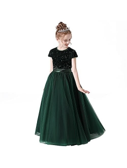 Dideyttawl Flower Girl Dresses Wedding Bridesmaid Sequins Tulle Puffy Skirt Girls Birthday Party Pageant Gown Floor Length