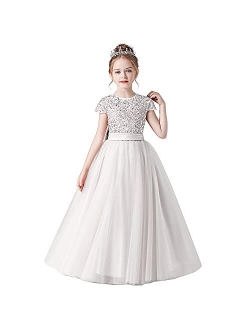 Dideyttawl Flower Girl Dresses Wedding Bridesmaid Sequins Tulle Puffy Skirt Girls Birthday Party Pageant Gown Floor Length