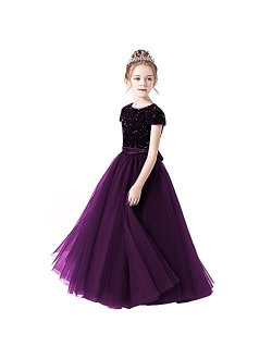 Dideyttawl Flower Girl Dresses Wedding Bridesmaid Sequins Tulle Puffy Skirt Girls Birthday Party Pageant Gown Floor Length