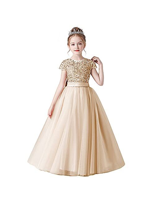 Dideyttawl Flower Girl Dresses Wedding Bridesmaid Sequins Tulle Puffy Skirt Girls Birthday Party Pageant Gown Floor Length