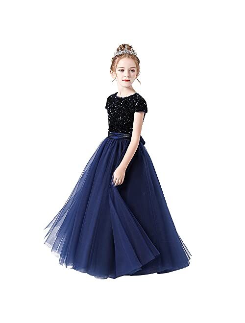 Dideyttawl Flower Girl Dresses Wedding Bridesmaid Sequins Tulle Puffy Skirt Girls Birthday Party Pageant Gown Floor Length