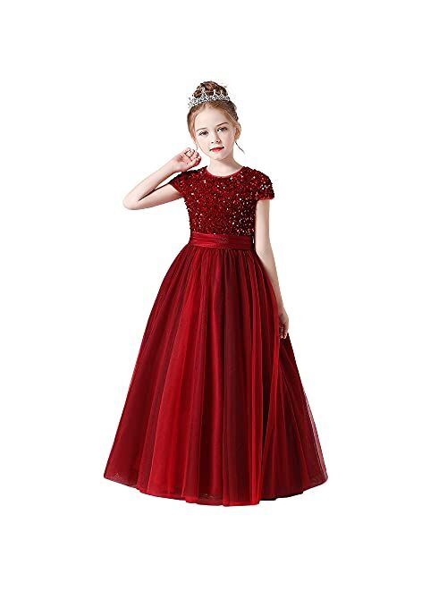 Dideyttawl Flower Girl Dresses Wedding Bridesmaid Sequins Tulle Puffy Skirt Girls Birthday Party Pageant Gown Floor Length