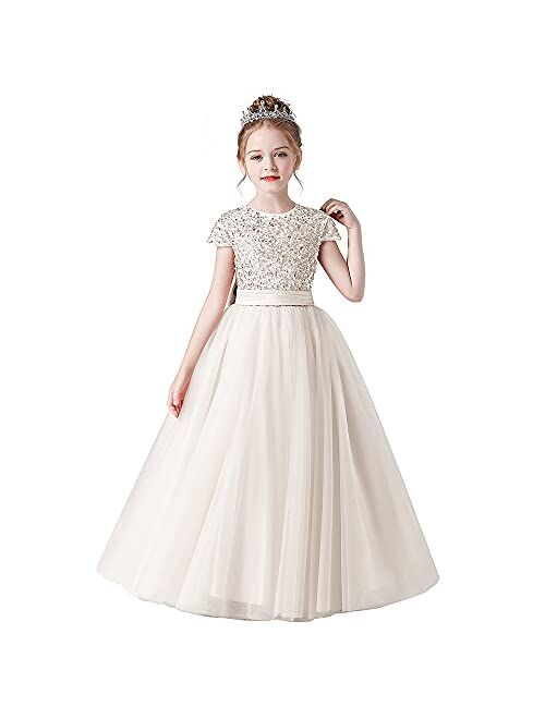 Dideyttawl Flower Girl Dresses Wedding Bridesmaid Sequins Tulle Puffy Skirt Girls Birthday Party Pageant Gown Floor Length