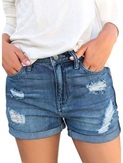 luvamia Women's Ripped High Waisted Denim Shorts Stretchy Cuffed Hem Jean Shorts