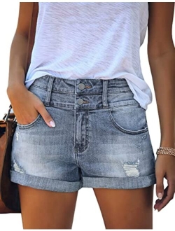 luvamia Women's Ripped High Waisted Denim Shorts Stretchy Cuffed Hem Jean Shorts