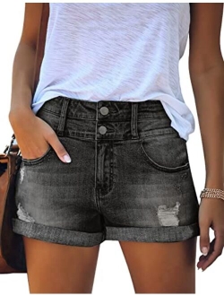 luvamia Women's Ripped High Waisted Denim Shorts Stretchy Cuffed Hem Jean Shorts