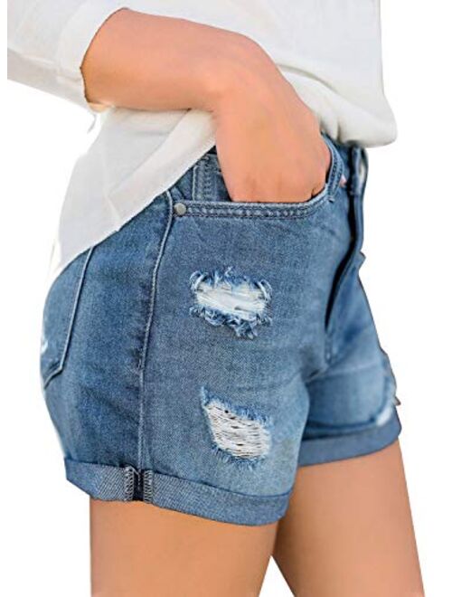 luvamia Women's Ripped High Waisted Denim Shorts Stretchy Cuffed Hem Jean Shorts