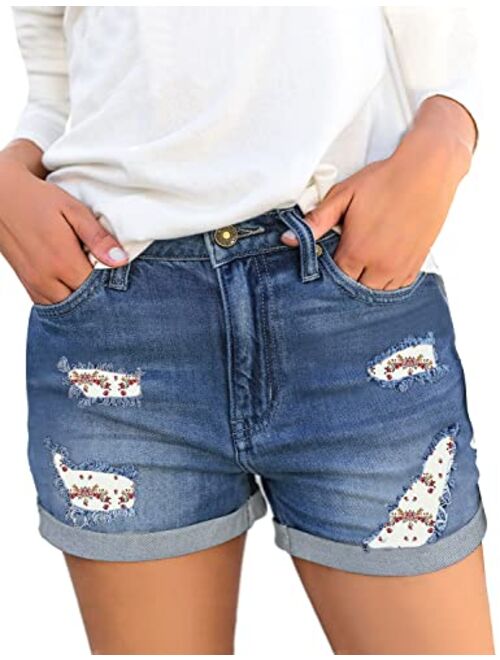 luvamia Women's Ripped High Waisted Denim Shorts Stretchy Cuffed Hem Jean Shorts