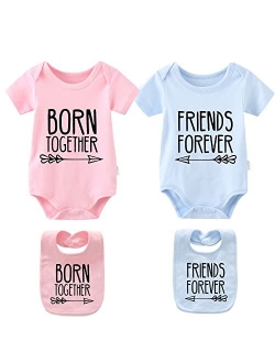 YSCULBUTOL Baby Twins Bodysuits Best Friends Forever Baby Clothes Set with Bibs Girl Outfit with hat