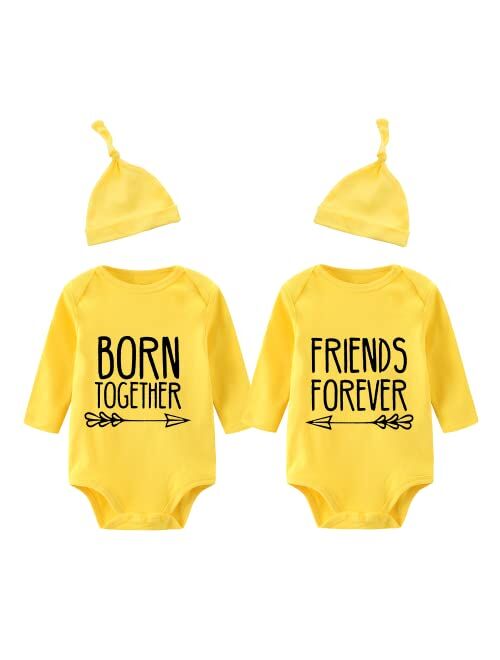 YSCULBUTOL Baby Twins Bodysuits Best Friends Forever Baby Clothes Set with Bibs Girl Outfit with hat