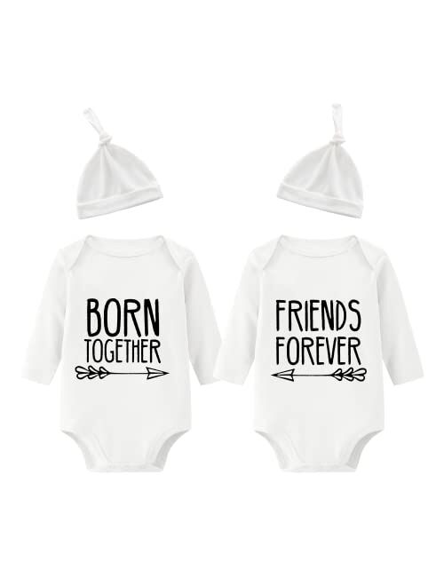 YSCULBUTOL Baby Twins Bodysuits Best Friends Forever Baby Clothes Set with Bibs Girl Outfit with hat