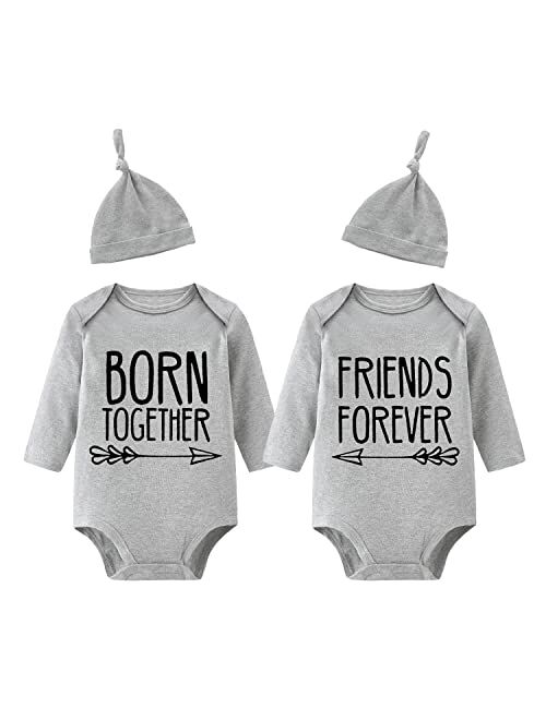 YSCULBUTOL Baby Twins Bodysuits Best Friends Forever Baby Clothes Set with Bibs Girl Outfit with hat