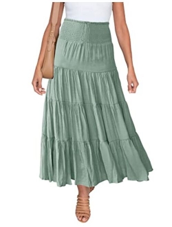 HAEOF Women's Summer Elastic High Waist Boho Maxi Skirt Casual Drawstring A Line Long Skirt