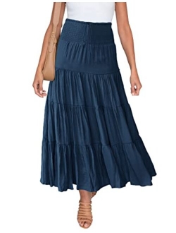 HAEOF Women's Summer Elastic High Waist Boho Maxi Skirt Casual Drawstring A Line Long Skirt