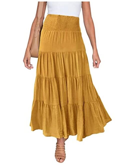 HAEOF Women's Summer Elastic High Waist Boho Maxi Skirt Casual Drawstring A Line Long Skirt