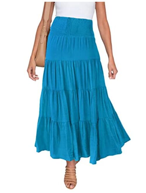 HAEOF Women's Summer Elastic High Waist Boho Maxi Skirt Casual Drawstring A Line Long Skirt